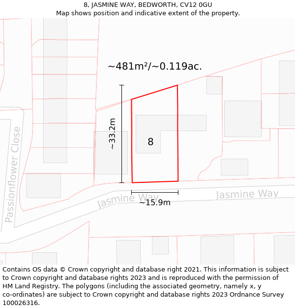 8, JASMINE WAY, BEDWORTH, CV12 0GU: Plot and title map