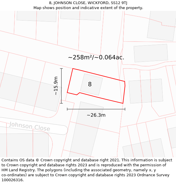 8, JOHNSON CLOSE, WICKFORD, SS12 9TJ: Plot and title map