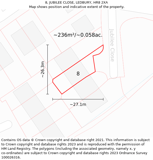 8, JUBILEE CLOSE, LEDBURY, HR8 2XA: Plot and title map