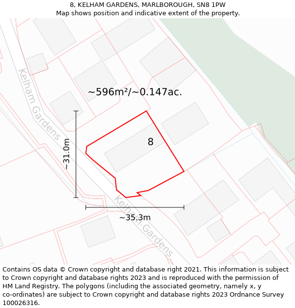 8, KELHAM GARDENS, MARLBOROUGH, SN8 1PW: Plot and title map