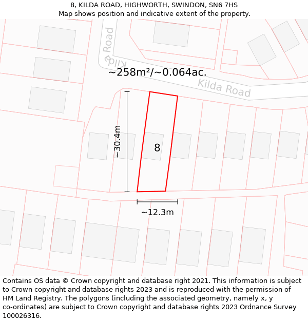 8, KILDA ROAD, HIGHWORTH, SWINDON, SN6 7HS: Plot and title map