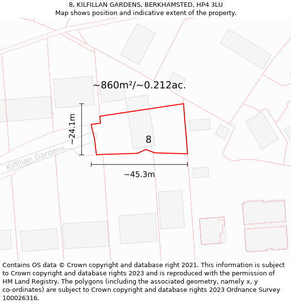 8, KILFILLAN GARDENS, BERKHAMSTED, HP4 3LU: Plot and title map