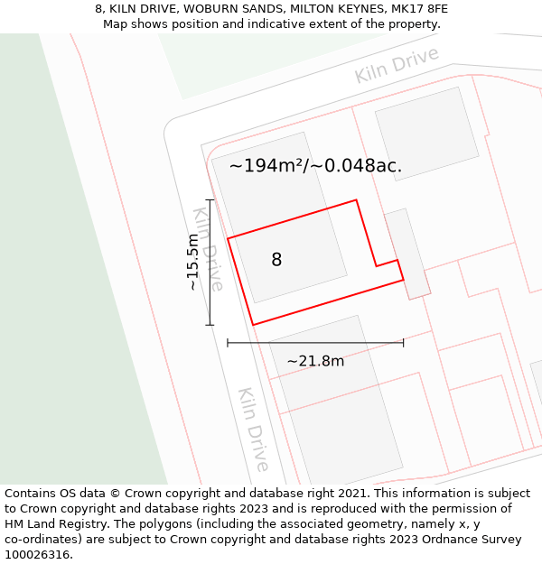 8, KILN DRIVE, WOBURN SANDS, MILTON KEYNES, MK17 8FE: Plot and title map