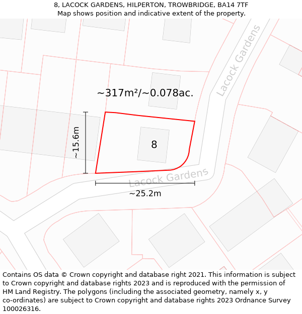 8, LACOCK GARDENS, HILPERTON, TROWBRIDGE, BA14 7TF: Plot and title map