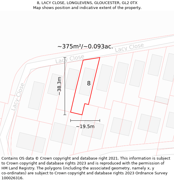 8, LACY CLOSE, LONGLEVENS, GLOUCESTER, GL2 0TX: Plot and title map