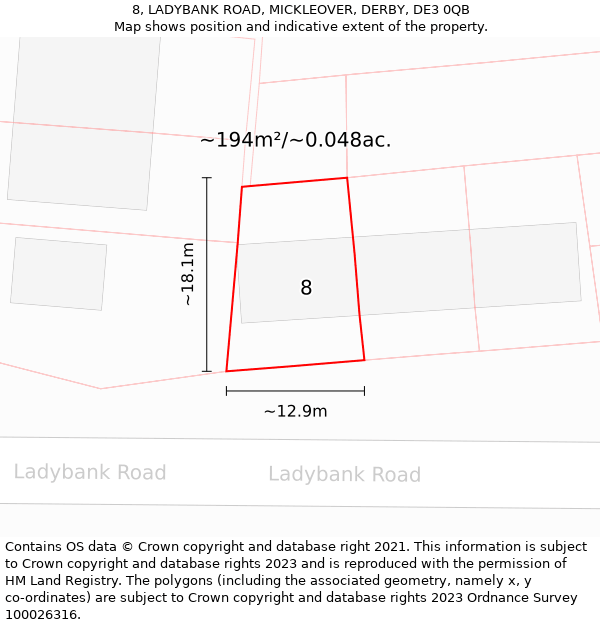 8, LADYBANK ROAD, MICKLEOVER, DERBY, DE3 0QB: Plot and title map
