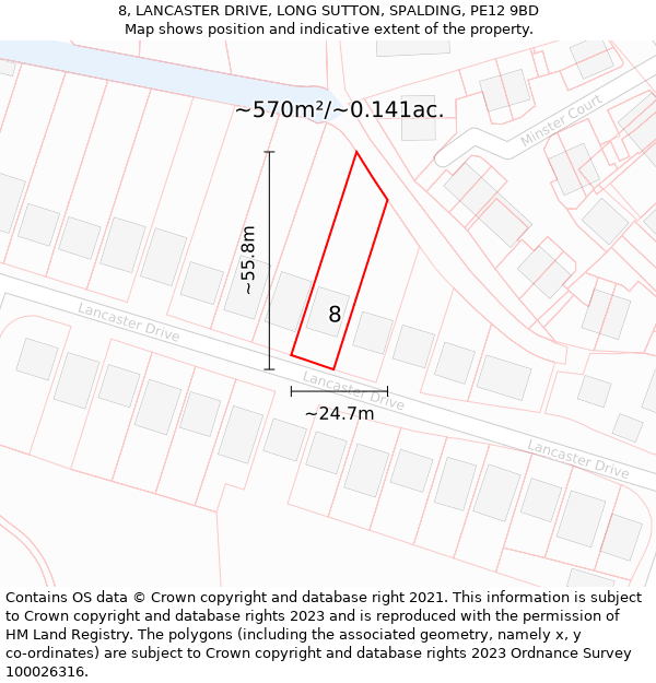 8, LANCASTER DRIVE, LONG SUTTON, SPALDING, PE12 9BD: Plot and title map