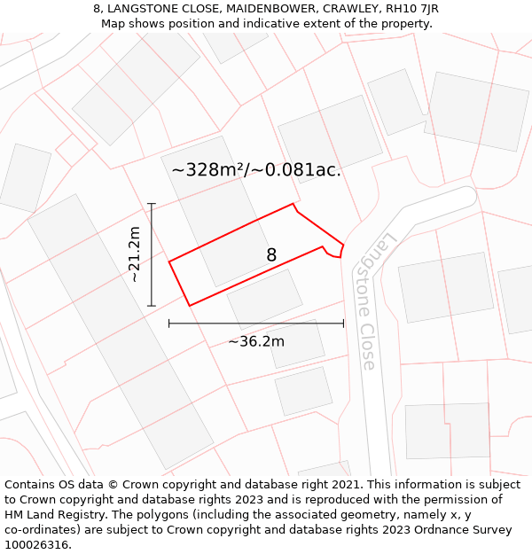 8, LANGSTONE CLOSE, MAIDENBOWER, CRAWLEY, RH10 7JR: Plot and title map