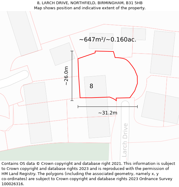 8, LARCH DRIVE, NORTHFIELD, BIRMINGHAM, B31 5HB: Plot and title map