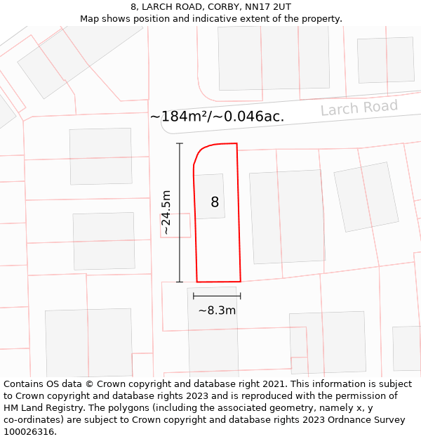 8, LARCH ROAD, CORBY, NN17 2UT: Plot and title map