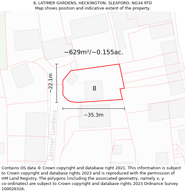 8, LATIMER GARDENS, HECKINGTON, SLEAFORD, NG34 9TD: Plot and title map