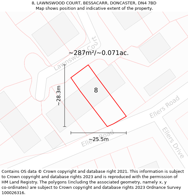 8, LAWNSWOOD COURT, BESSACARR, DONCASTER, DN4 7BD: Plot and title map