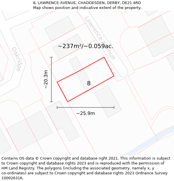 8, LAWRENCE AVENUE, CHADDESDEN, DERBY, DE21 4RD: Plot and title map