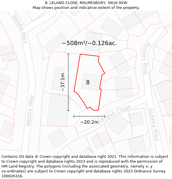 8, LELAND CLOSE, MALMESBURY, SN16 9XW: Plot and title map