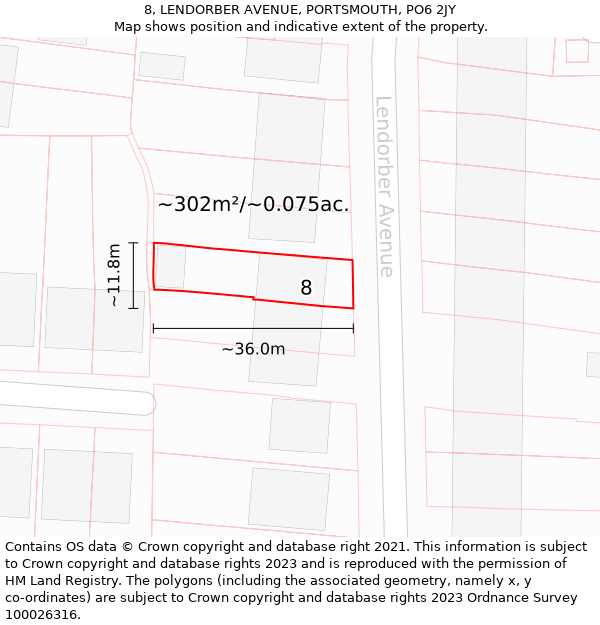 8, LENDORBER AVENUE, PORTSMOUTH, PO6 2JY: Plot and title map