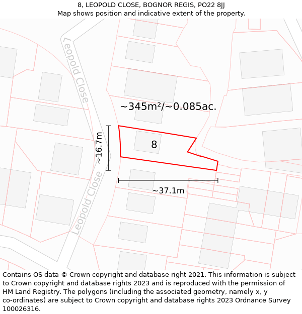 8, LEOPOLD CLOSE, BOGNOR REGIS, PO22 8JJ: Plot and title map