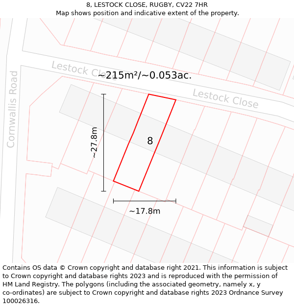 8, LESTOCK CLOSE, RUGBY, CV22 7HR: Plot and title map