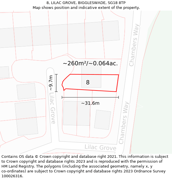 8, LILAC GROVE, BIGGLESWADE, SG18 8TP: Plot and title map