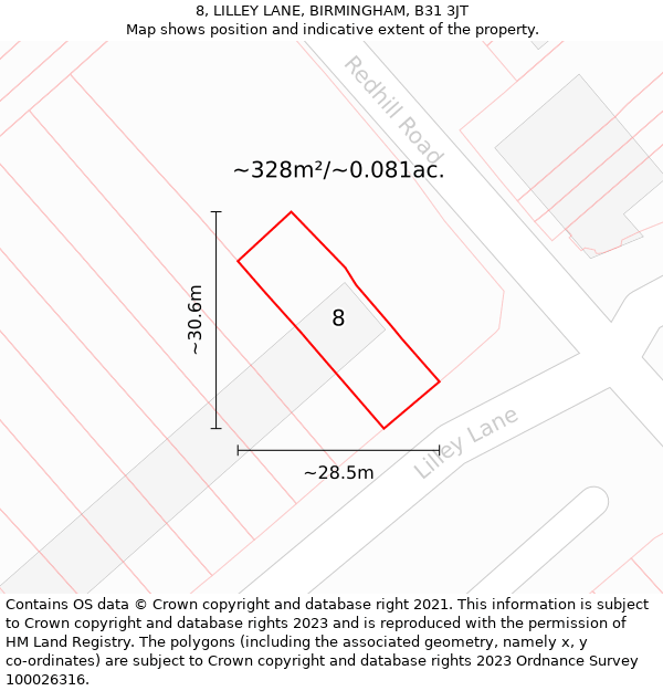 8, LILLEY LANE, BIRMINGHAM, B31 3JT: Plot and title map