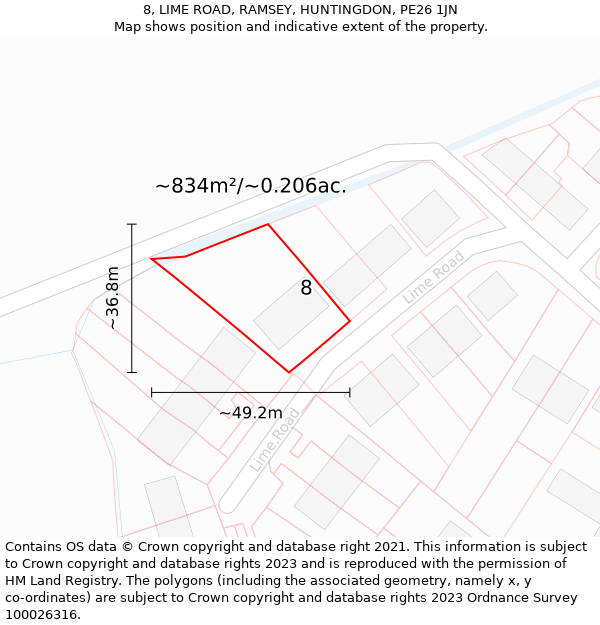 8, LIME ROAD, RAMSEY, HUNTINGDON, PE26 1JN: Plot and title map