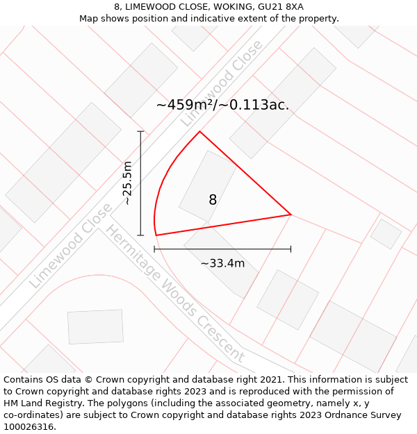 8, LIMEWOOD CLOSE, WOKING, GU21 8XA: Plot and title map