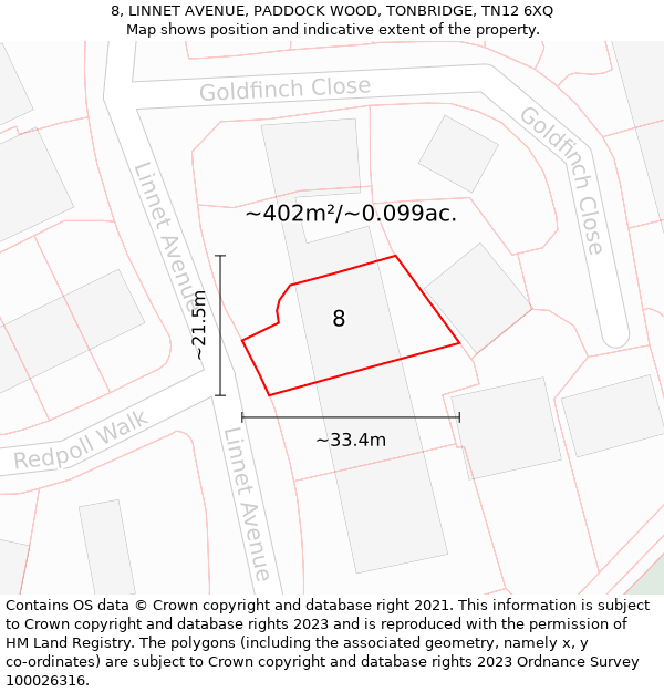 8, LINNET AVENUE, PADDOCK WOOD, TONBRIDGE, TN12 6XQ: Plot and title map