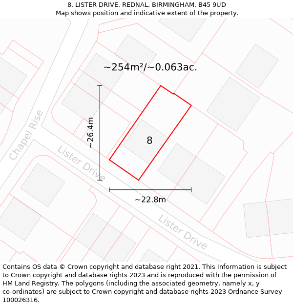 8, LISTER DRIVE, REDNAL, BIRMINGHAM, B45 9UD: Plot and title map