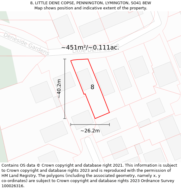 8, LITTLE DENE COPSE, PENNINGTON, LYMINGTON, SO41 8EW: Plot and title map