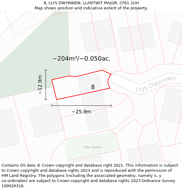 8, LLYS DWYNWEN, LLANTWIT MAJOR, CF61 2UH: Plot and title map