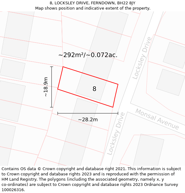 8, LOCKSLEY DRIVE, FERNDOWN, BH22 8JY: Plot and title map