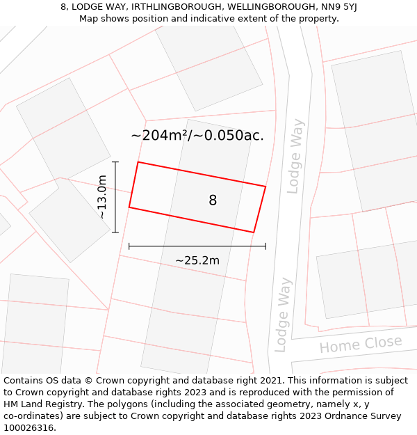 8, LODGE WAY, IRTHLINGBOROUGH, WELLINGBOROUGH, NN9 5YJ: Plot and title map