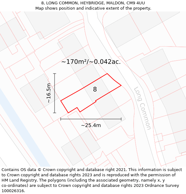 8, LONG COMMON, HEYBRIDGE, MALDON, CM9 4UU: Plot and title map