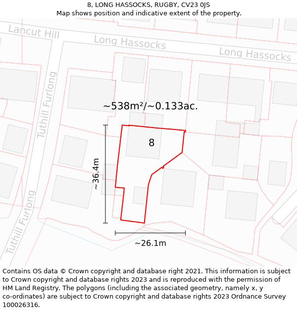 8, LONG HASSOCKS, RUGBY, CV23 0JS: Plot and title map