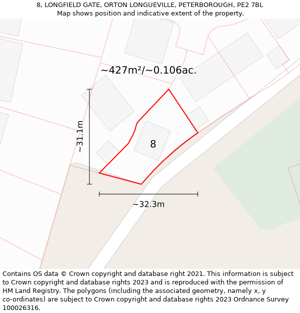 8, LONGFIELD GATE, ORTON LONGUEVILLE, PETERBOROUGH, PE2 7BL: Plot and title map
