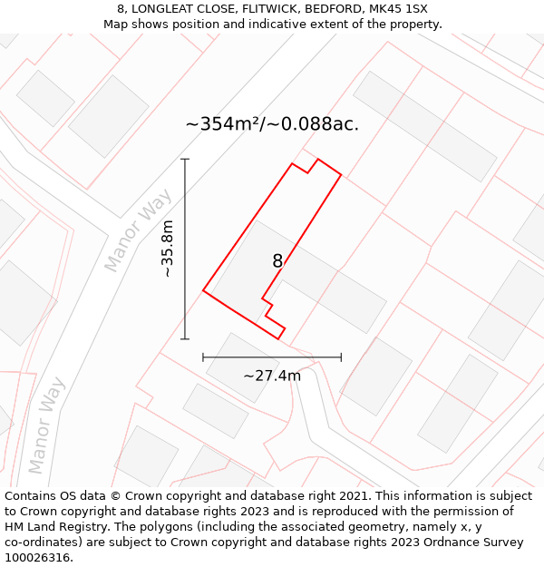 8, LONGLEAT CLOSE, FLITWICK, BEDFORD, MK45 1SX: Plot and title map