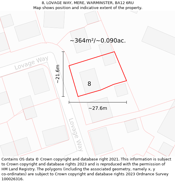 8, LOVAGE WAY, MERE, WARMINSTER, BA12 6RU: Plot and title map