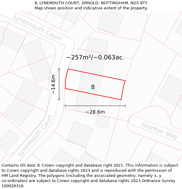 8, LYNEMOUTH COURT, ARNOLD, NOTTINGHAM, NG5 8TY: Plot and title map