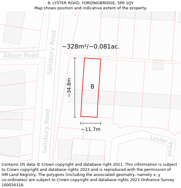 8, LYSTER ROAD, FORDINGBRIDGE, SP6 1QY: Plot and title map