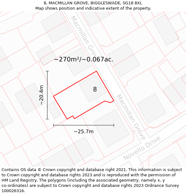 8, MACMILLAN GROVE, BIGGLESWADE, SG18 8XL: Plot and title map