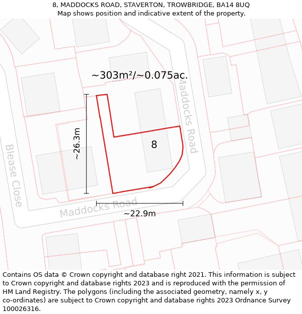 8, MADDOCKS ROAD, STAVERTON, TROWBRIDGE, BA14 8UQ: Plot and title map