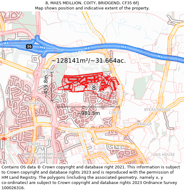 8, MAES MEILLION, COITY, BRIDGEND, CF35 6FJ: Plot and title map