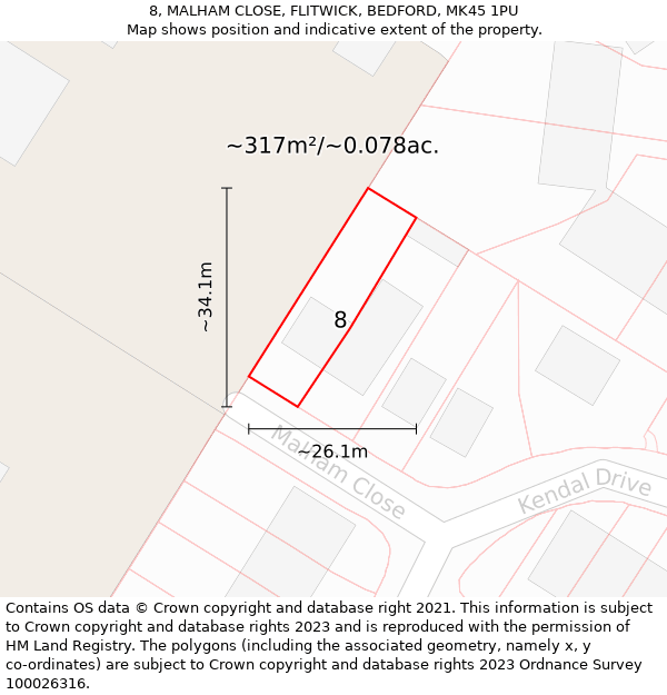 8, MALHAM CLOSE, FLITWICK, BEDFORD, MK45 1PU: Plot and title map