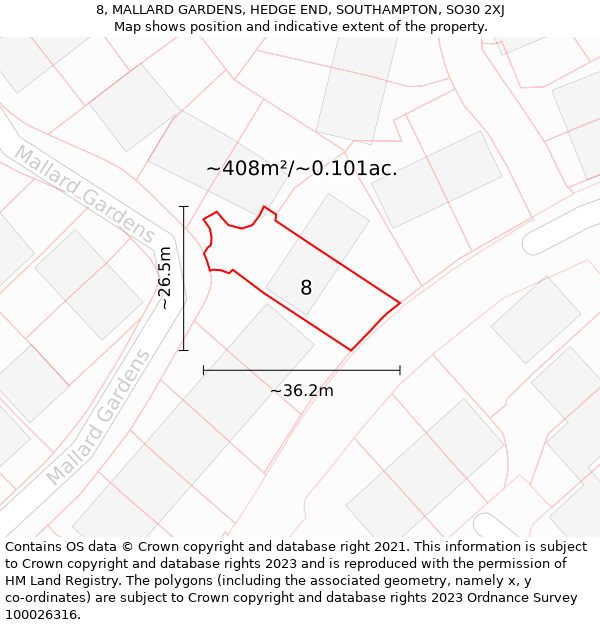 8, MALLARD GARDENS, HEDGE END, SOUTHAMPTON, SO30 2XJ: Plot and title map