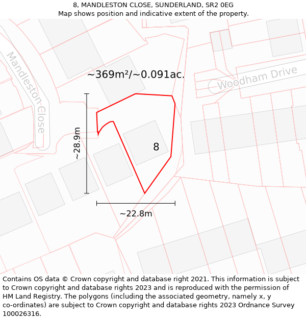 8, MANDLESTON CLOSE, SUNDERLAND, SR2 0EG: Plot and title map