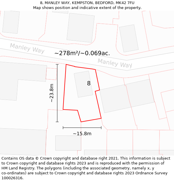 8, MANLEY WAY, KEMPSTON, BEDFORD, MK42 7FU: Plot and title map