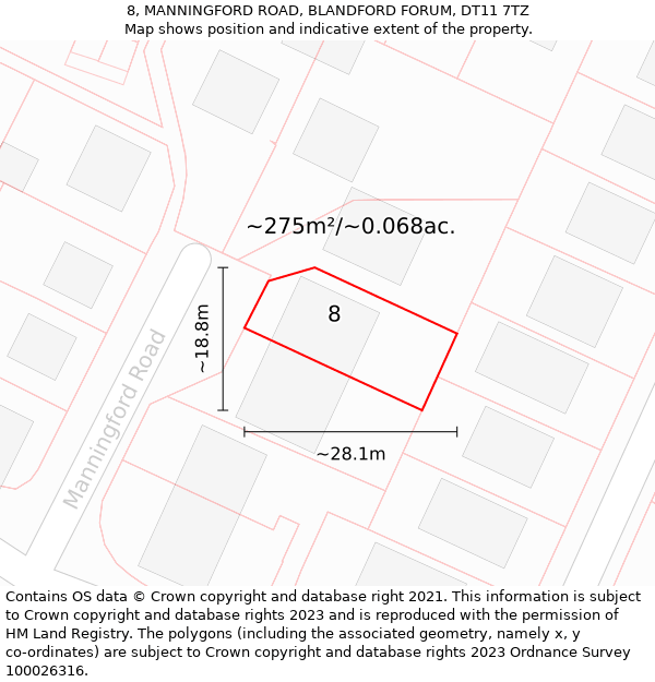 8, MANNINGFORD ROAD, BLANDFORD FORUM, DT11 7TZ: Plot and title map