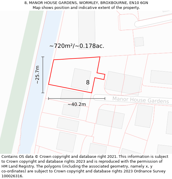 8, MANOR HOUSE GARDENS, WORMLEY, BROXBOURNE, EN10 6GN: Plot and title map