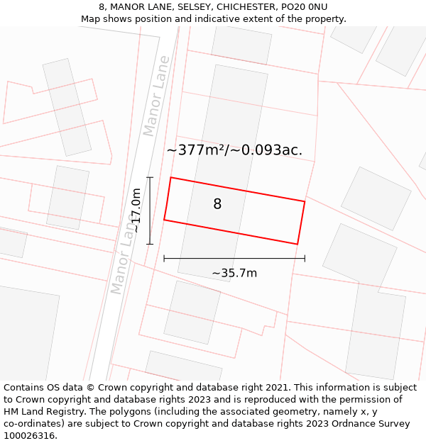 8, MANOR LANE, SELSEY, CHICHESTER, PO20 0NU: Plot and title map