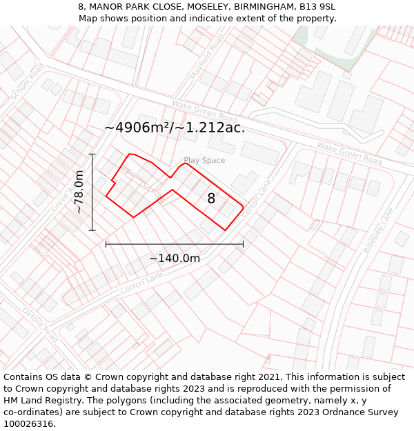 8, MANOR PARK CLOSE, MOSELEY, BIRMINGHAM, B13 9SL: Plot and title map