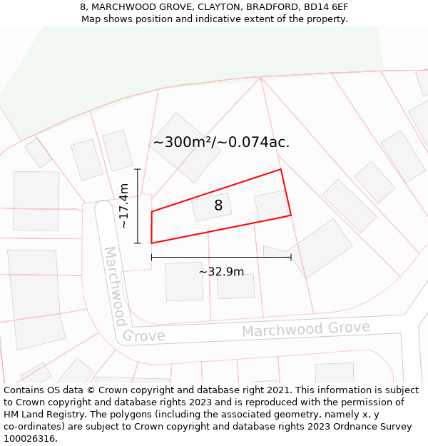 8, MARCHWOOD GROVE, CLAYTON, BRADFORD, BD14 6EF: Plot and title map